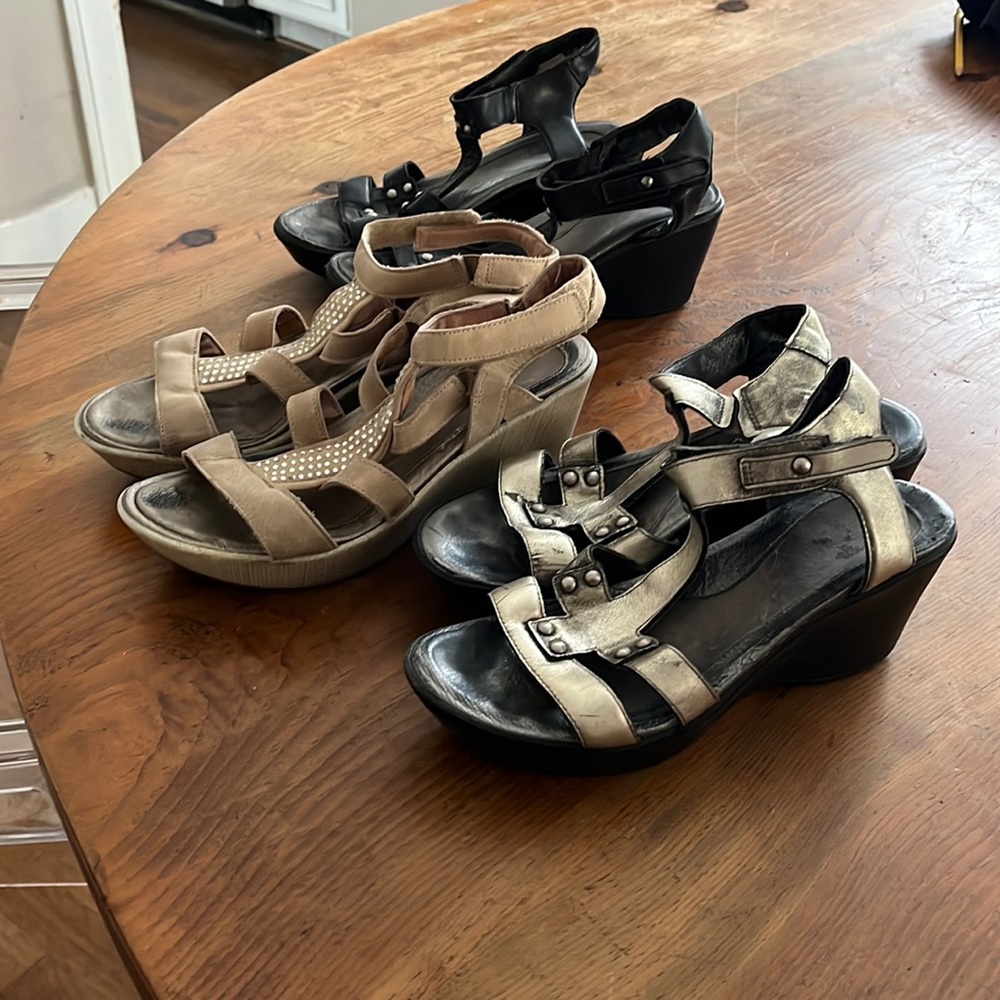 3 pairs NAOT size 39 black flirt, metal flirt, tan bling